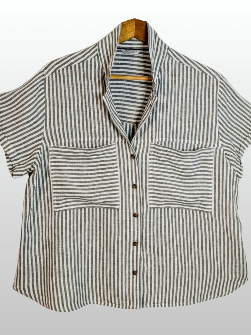 Olive White Stripe Linen Blend Utility Blouse XL Coastal Lagenlook Denver Hayes